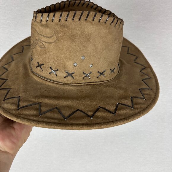 TAN SUEDE LEATHER COWBOY HAT WITH BRAHMA BULL LOGO AND FLAT TUBE TRIM NWOT - Picture 5 of 6